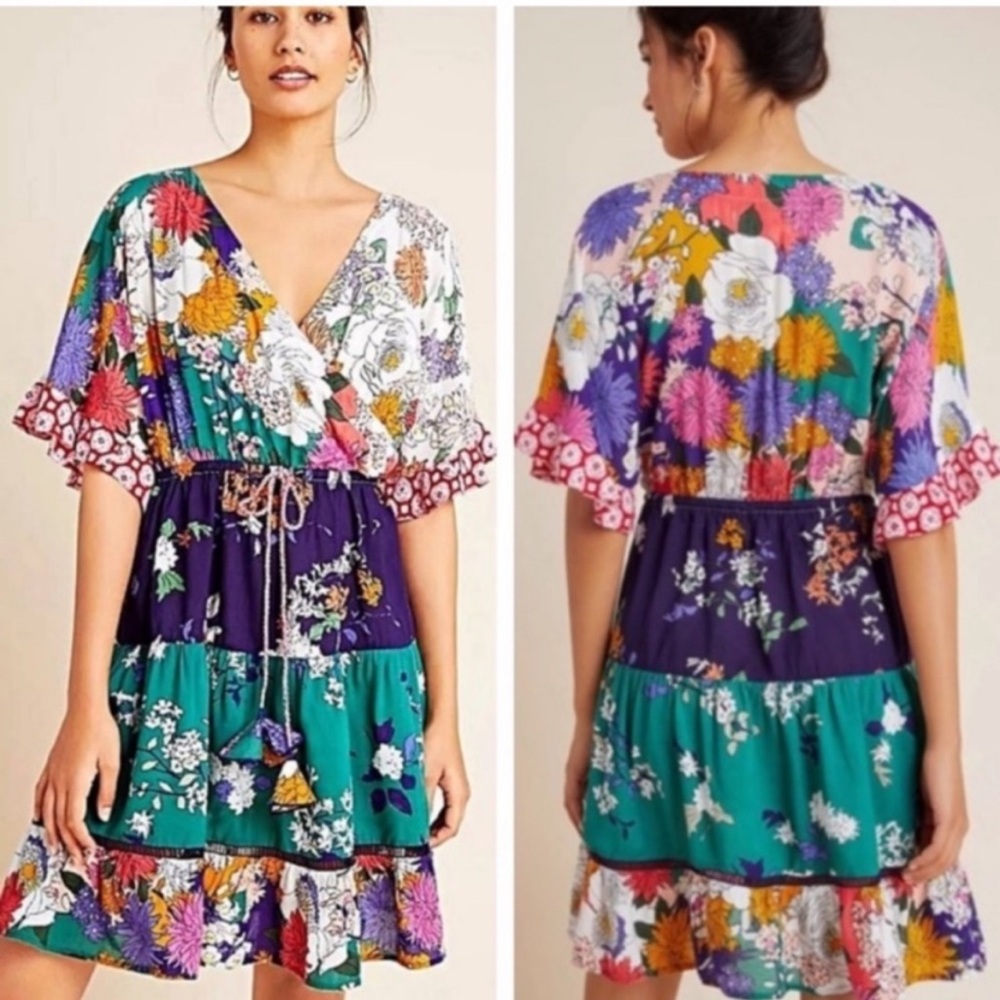 Anthropologie Nettie Tiered Floral Mini Dress Boho